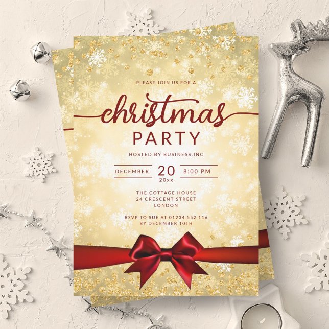 Festive Gold Winter Snowflakes Company Red Ribbon Invitation (Festive Gold Winter Snowflakes Company Red Ribbon Invitation)
