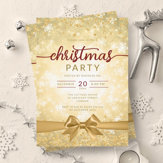 Festive Gold Winter Snowflakes Company Ribbon Invitation (Festive Gold Winter Snowflakes Company Ribbon Invitation)