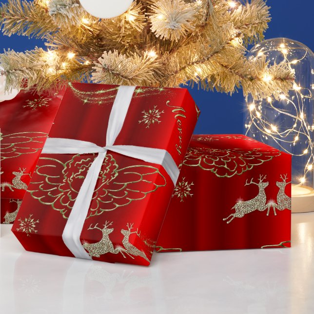 Festive Golden Angels and Sparkling Deer Red Xmas Wrapping Paper (Holidays)
