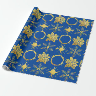 FESTIVE GOLDEN FLORAL CHRISTMAS PRINT XMAS BLUE WRAPPING PAPER