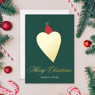 Festive Golden Heart with Christmas Hat Green Foil Holiday Card
