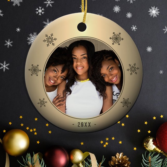 Festive Golden Metallic Snowflake Family Photo Ceramic Tree Decoration (Creator Uploaded)