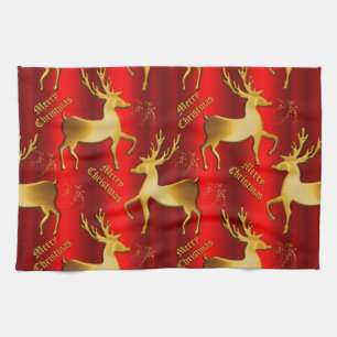 Festive Golden Reindeer on Red Merry Christmas Tea Towel