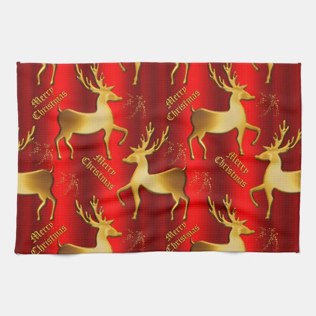 Festive Golden Reindeer on Red Merry Christmas Tea Towel (Horizontal)