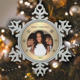 Festive Golden Snowflake Metallic Family Photo Snowflake Pewter Christmas Ornament