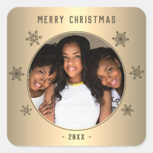 Festive Golden Snowflake Metallic Family Photo  Square Sticker