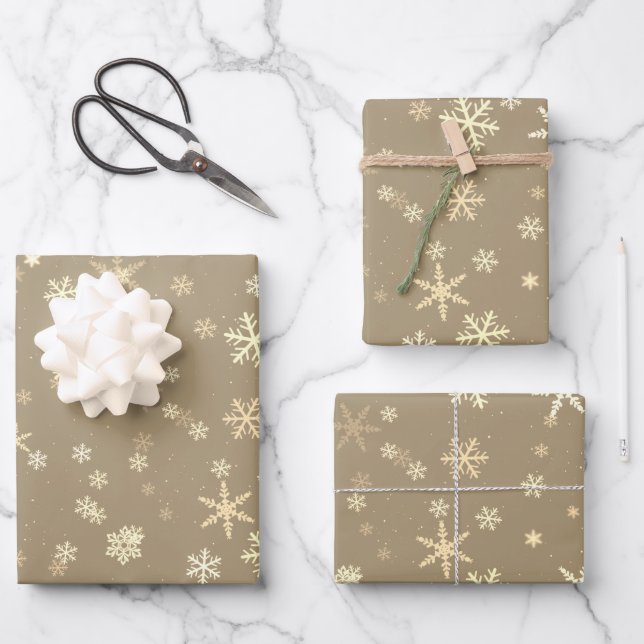 Festive Golden Snowflake Pattern Holiday Christmas Wrapping Paper Sheet (Front)