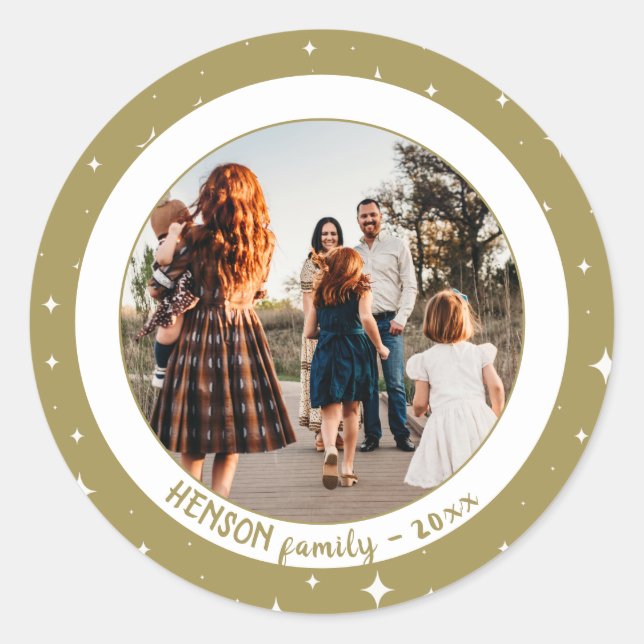Festive Golden Stars Christmas Family Photo Classic Round Sticker (Front)