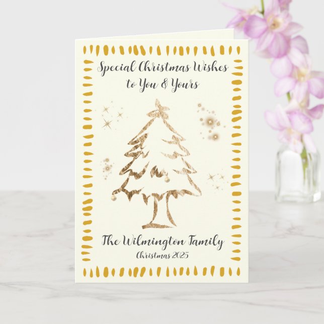 Festive Golden Tree Family Photo Christmas Folding Card (Orchid)