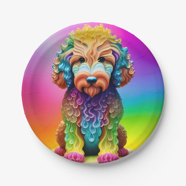 Festive Goldendoodle Puppy Childs Birthday Party Paper Plate (Front)