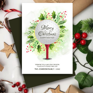 Festive Golf Tee Shot Christmas Greenery Holiday Card