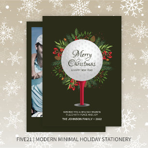 Festive Golf Tee Shot Christmas Greenery Photo Holiday Card