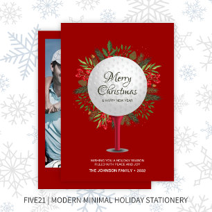 Festive Golf Tee Shot Christmas Greenery Photo Holiday Card
