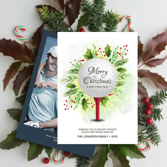 Festive Golf Tee Shot Christmas Greenery Photo Holiday Card (Creator Uploaded)