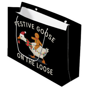 Festive Goose On The Loose Christmas Gingerbread  Large Gift Bag