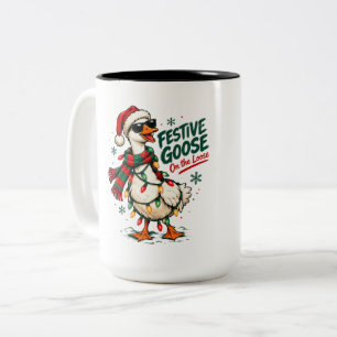 Festive Goose on the Loose – Funny Christmas Goose Two-Tone Coffee Mug
