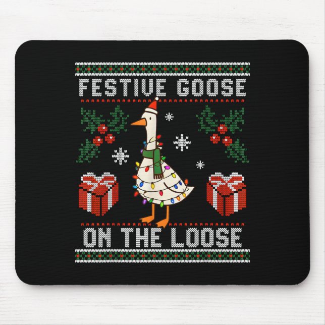 Festive Goose On The Loose Funny Ugly Sweater Chri Mouse Mat (Front)