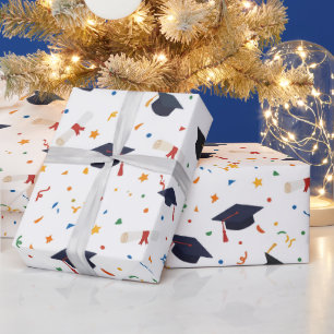 Festive Graduation Cap and Diploma Confetti Wrapping Paper