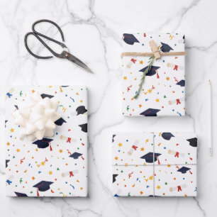 Festive Graduation Cap and Diploma Confetti Wrapping Paper Sheet