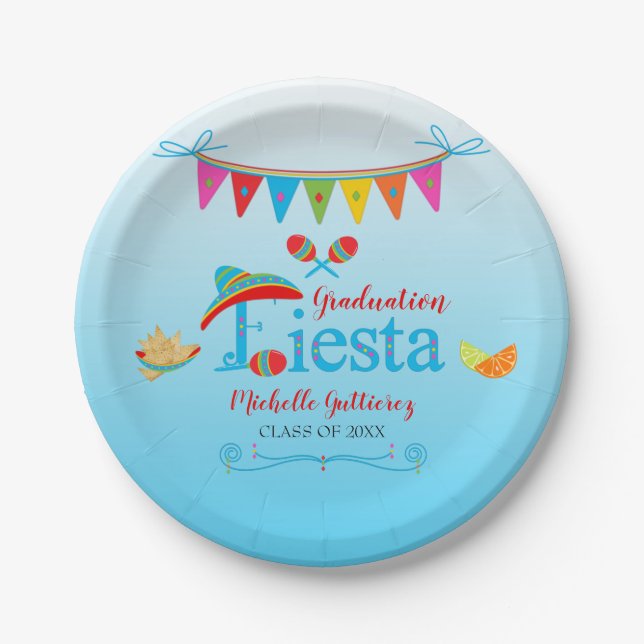 Festive Graduation Fiesta Personalised Blue Ombre Paper Plate (Front)