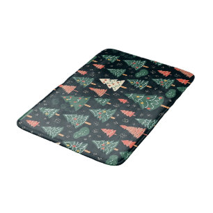 Festive Green and Coral Christmas Tree Pattern Bath Mat