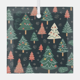 Festive Green and Coral Christmas Tree Pattern Glass Tree Decoration