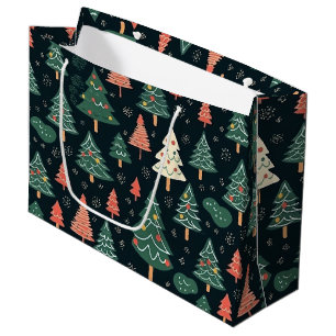  Festive Green and Coral Christmas Tree Pattern  Large Gift Bag