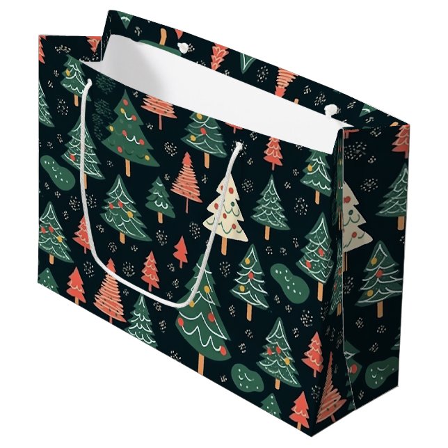  Festive Green and Coral Christmas Tree Pattern  Large Gift Bag (Front Angled)
