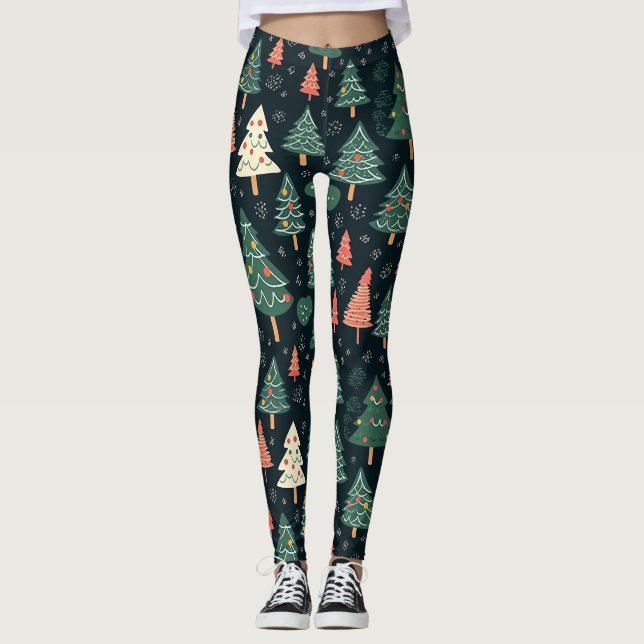  Festive Green and Coral Christmas Tree Pattern  Leggings (Front)