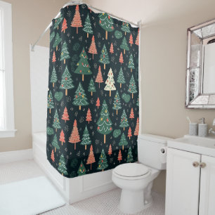  Festive Green and Coral Christmas Tree Pattern  Shower Curtain