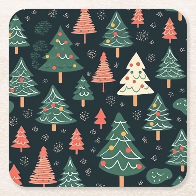  Festive Green and Coral Christmas Tree Pattern  Square Paper Coaster (Front)