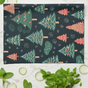  Festive Green and Coral Christmas Tree Pattern  Tea Towel
