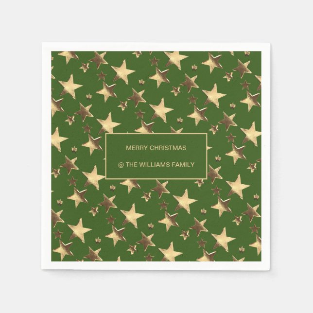 Festive Green and Gold Christmas Stars Add Name Napkin (Front)