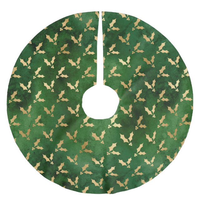 Festive Green and Gold Foil Winter Christmas Holly Brushed Polyester Tree Skirt (Front)