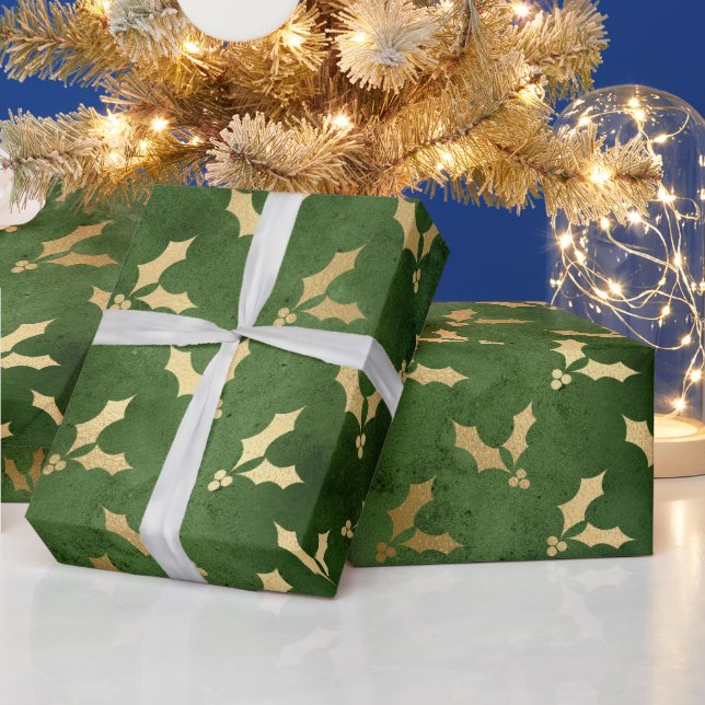 Festive Green and Gold Foil Winter Christmas Holly Wrapping Paper (Holidays)