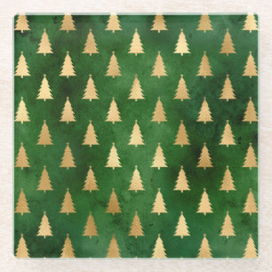 Festive Green and Gold Foil Winter Christmas Tree Glass Coaster