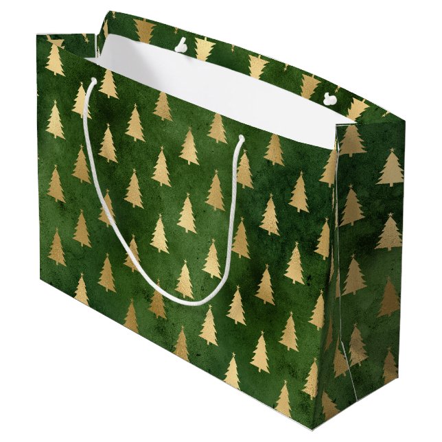 Festive Green and Gold Foil Winter Christmas Tree Large Gift Bag (Back Angled)