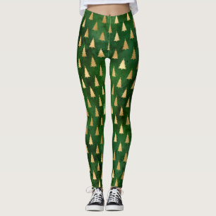 Festive Green and Gold Foil Winter Christmas Tree Leggings