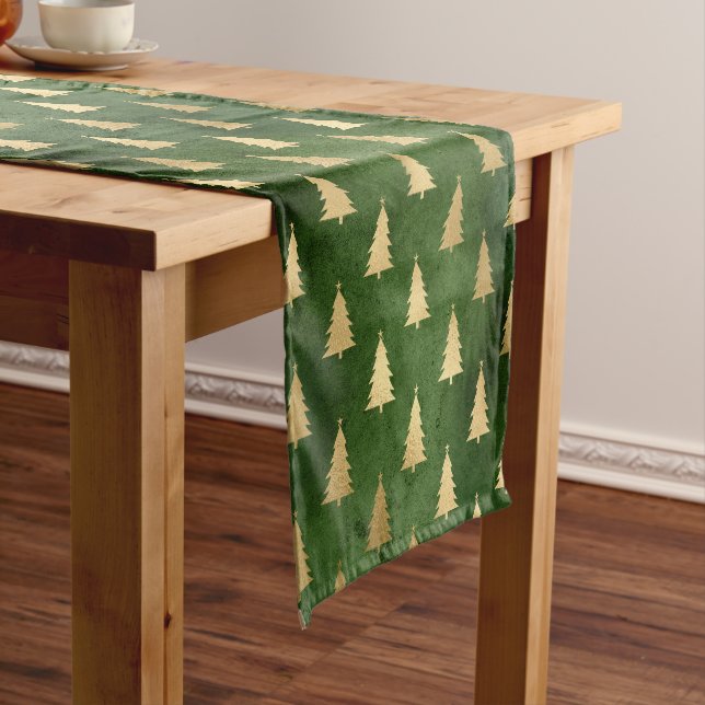 Festive Green and Gold Foil Winter Christmas Tree Short Table Runner (In Situ)