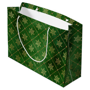 Festive Green and Gold Foil Winter Snowflakes Large Gift Bag