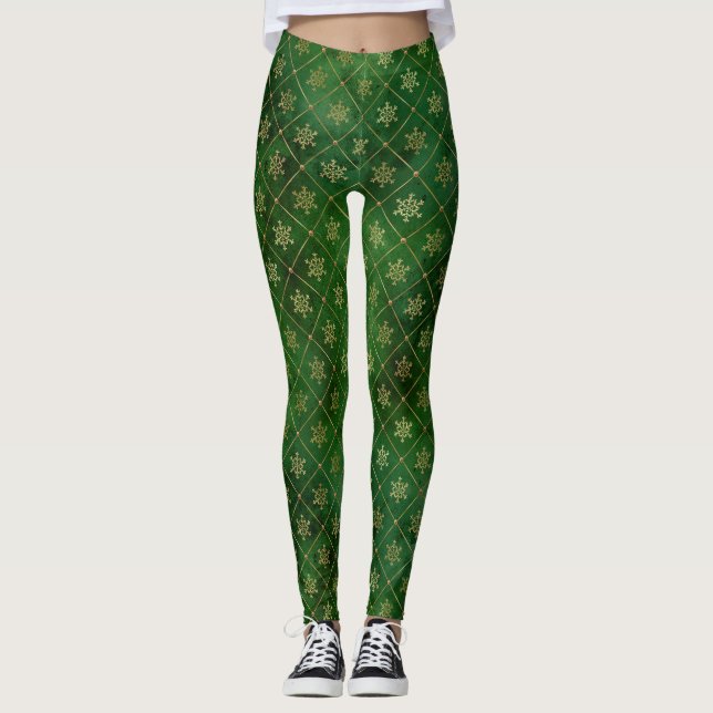 Festive Green and Gold Foil Winter Snowflakes Leggings (Front)