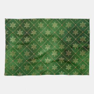 Festive Green and Gold Foil Winter Snowflakes Tea Towel