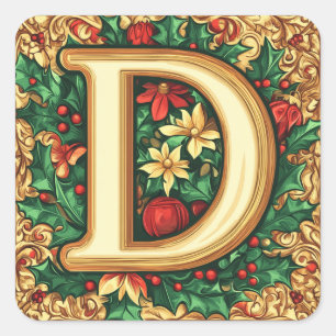 Festive Green and Gold Letter 'D' Square Sticker