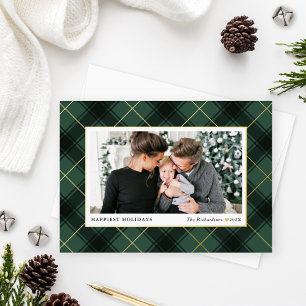 Festive Green and Gold Tartan Plaid Photo Foil Holiday Card