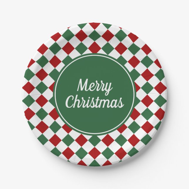 Festive Green And Red Checked Christmas Paper Plate (Front)