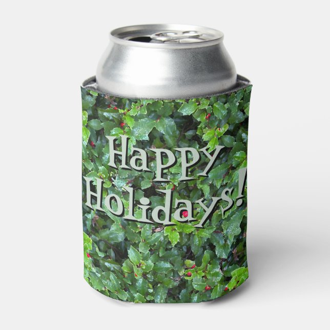 Festive Green and Red Holly berry Holiday Can Cool Cooler (Can Front)