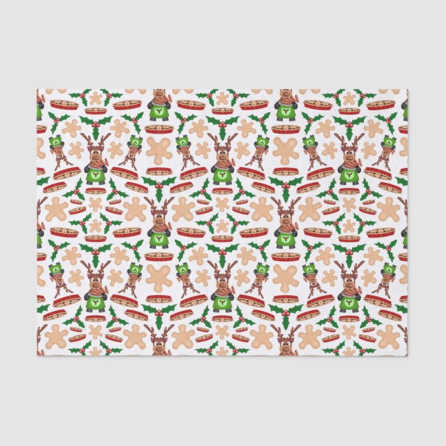 Festive Green And Red Kasky Christmas Reindeer Tissue Paper (Front)