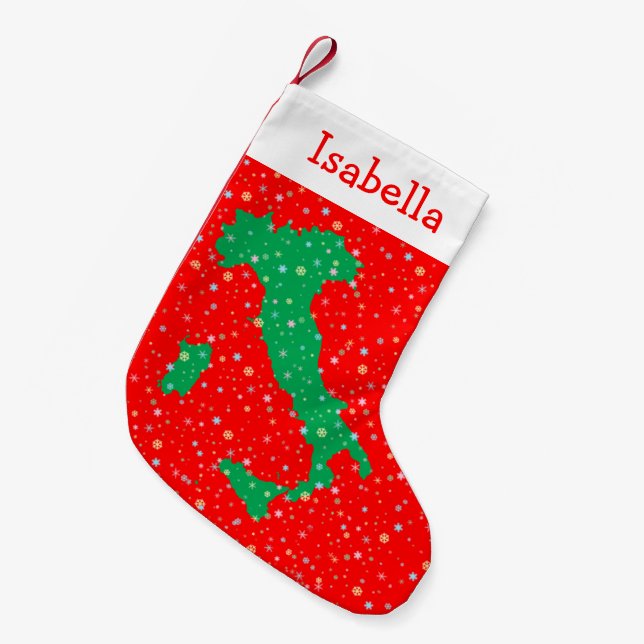 Festive Green and Red Map of Italy Snowflakes Small Christmas Stocking (Front (Hanging))