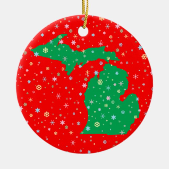 Festive Green and Red Map of Michigan Snowflakes Ceramic Tree Decoration (Front)