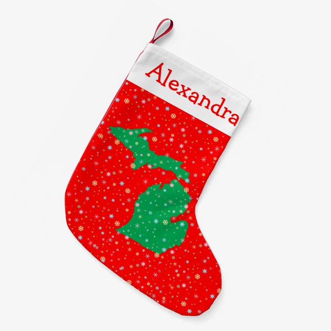 Festive Green and Red Map of Michigan Snowflakes Small Christmas Stocking (Front (Hanging))
